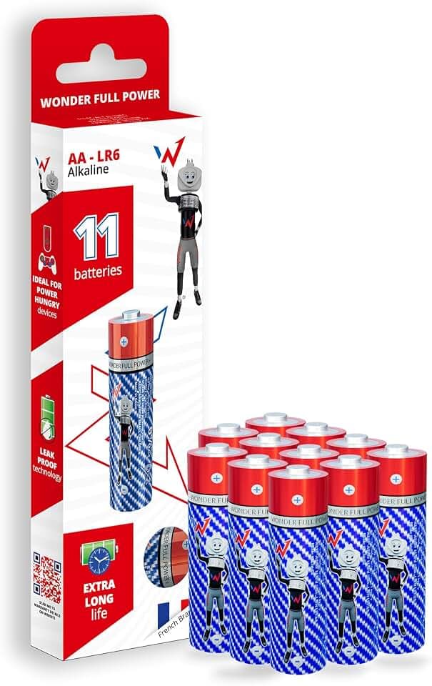 W Onder Full Energy – Alkaline-Batterien AA/LR6 1,5 V – Packung mit 11 Batterien mit Langer Lebensdauer – hohe Zuverlässigkeit, 0% Kunststoff – ideal für Fernbedienungen, Spielzeug, Taschenlampen