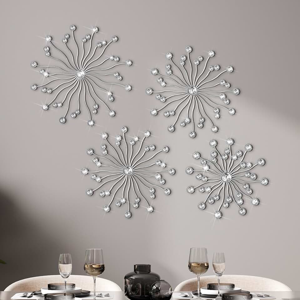Lingvee 4 Pcs Silver Sunburst Wall Art Bling Decor, 12", 10", 8", Diamond