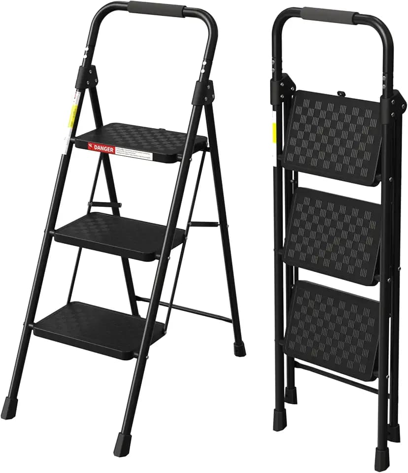 HBTower 3 Step Ladder, Folding Step Stool with Wide Anti-Slip Pedal