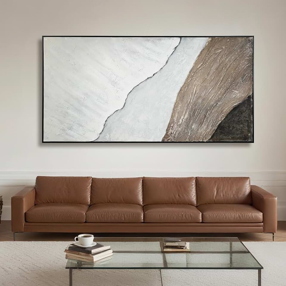 Beach Framed Wall Art Decor, Cuadros para Sala Elegantes y Modernos Dormitorios, Handmade Large Paintings, Living Room Apartment Bedroom Office Kitchen Accessories for Men, Size 29"x58" (White Brown)