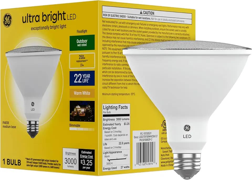 GE Ultra Bright LED Light Bulbs, Outdoor Floodlight Bulb, Wet Rated, Warm White (1 Pack), 32 watts