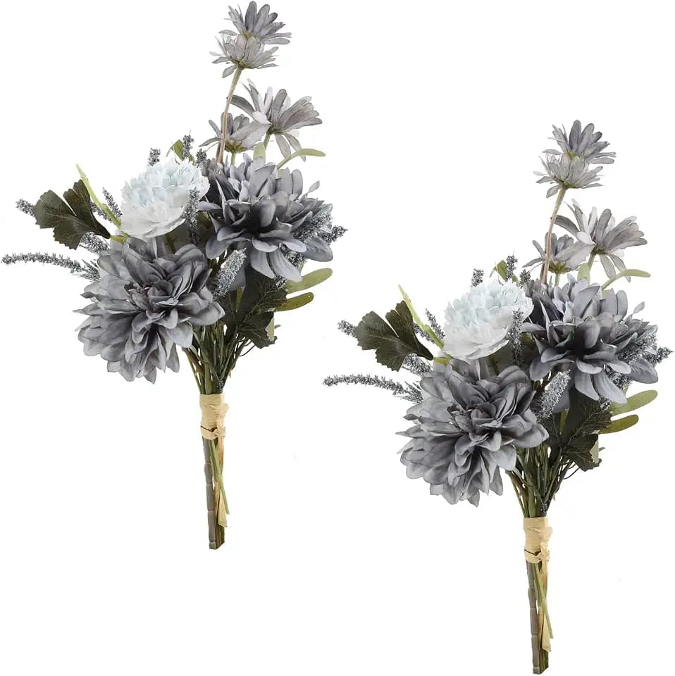 Artificial Flowers for Vase, 2 Bouquets of Grey Blue Silk Flowers Realistic Faux Flowers for Vase Fake Flower Arrangements for Home Decor Centerpiece Table Decorations (Dusty Blue)