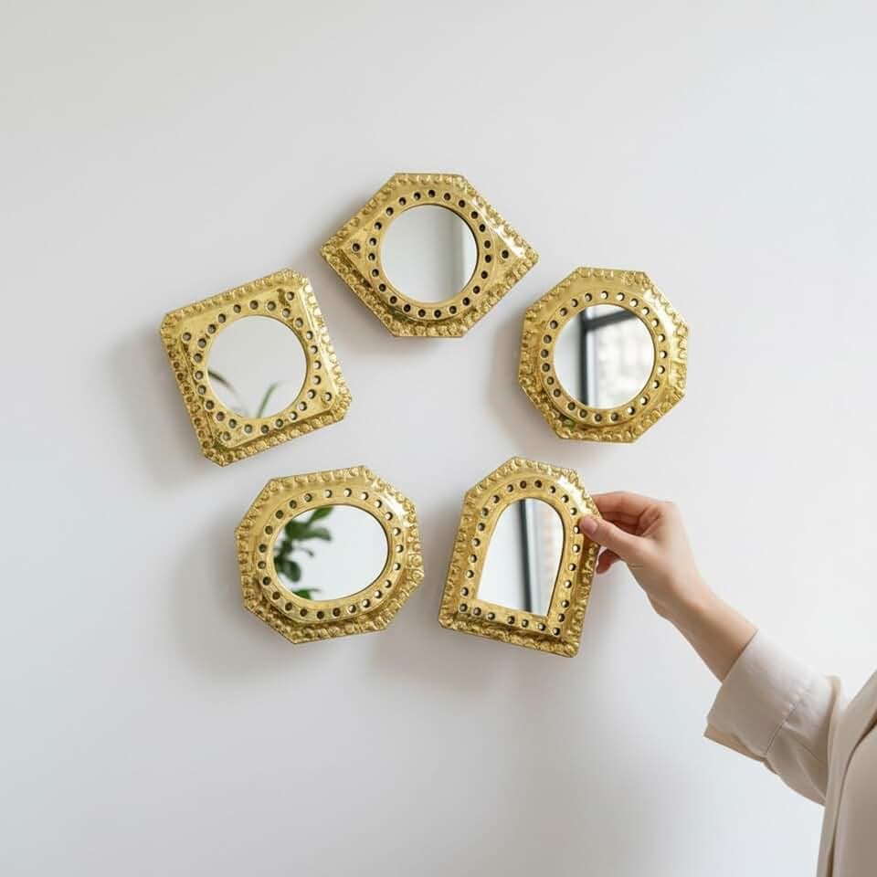 Set of 5 Small Decorative Wall Mirrors – Gold Brass Handmade Mirror Set | Octagon, Arched, Horizontal Oval, Square and Diamond Shapes | Living Room, Bedroom, Home wall Hanging Mirrors Decor
