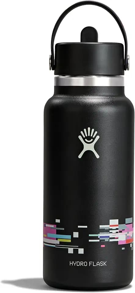 Hydro Flask Water Bottle - Insulated Stainless Steel - Wide Mouth Flex Straw Lid, Non Spill, Leakproof and Refillable in 32 Oz Glitch Black