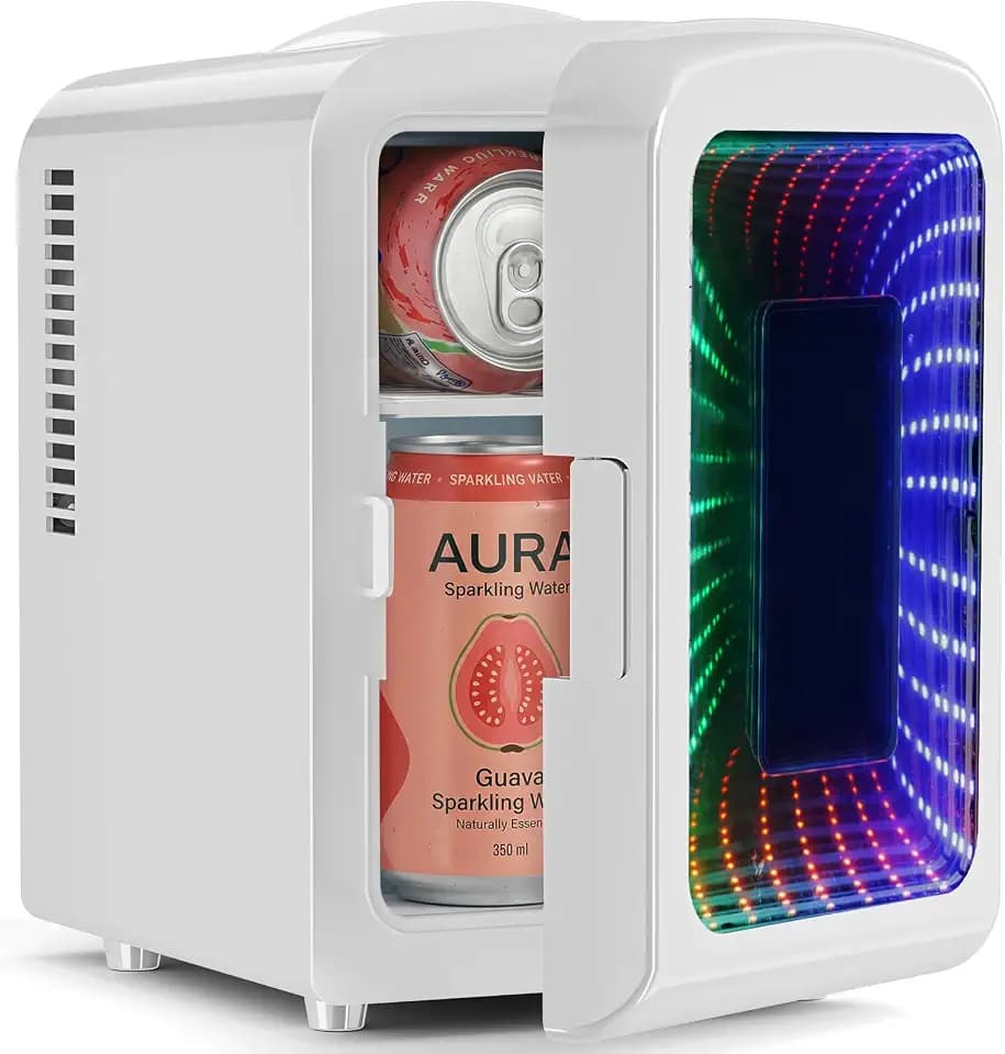 Antarctic Star Mini Fridge 4 Liter/6 Cans Portable Mini Compact Refrigerator with Gaming Light, for Bedroom,Car,Office and Dorm, Small Cooler for Cosmetics, Beverage and Food, White