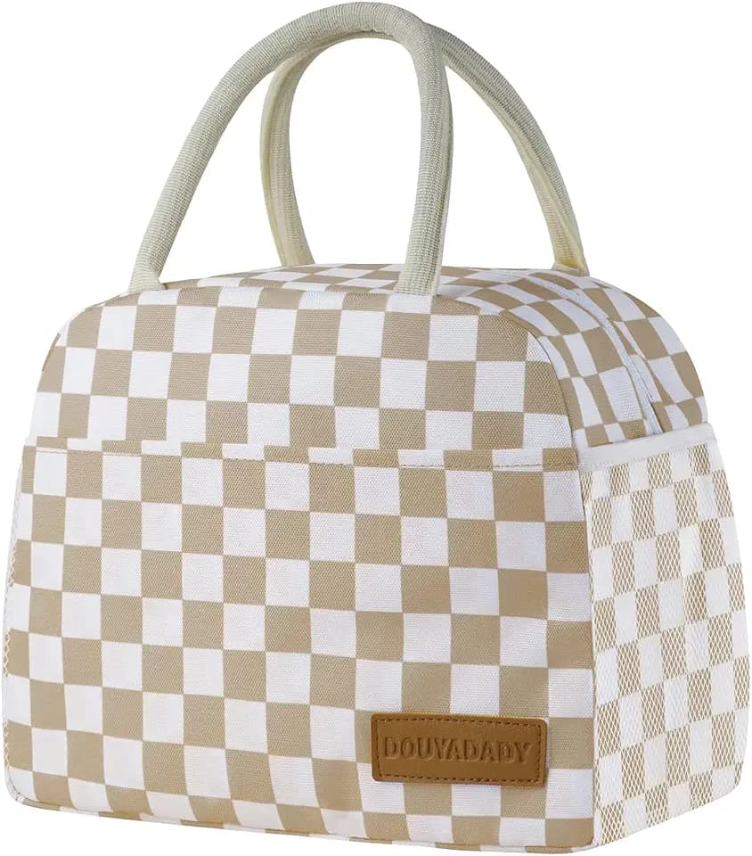 Lunch Bag Women/Men Lunch Box Women/Men (Khaki+White Checkerboard)
