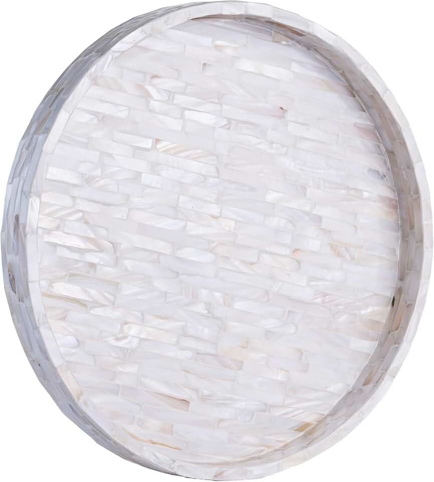 PEMAR Round Mother of Pearl Tray 11", White Iridescent Decorative Tray