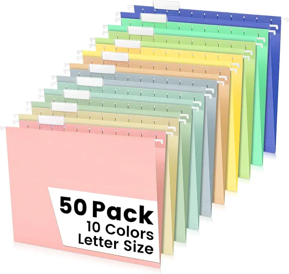 50-Pack Morandi Hanging File Folders, Letter Size with 55 Transparent Label Cards, 60 Sticker Labels,1/5-Cut Tabs–Home Office & Filing Cabinets