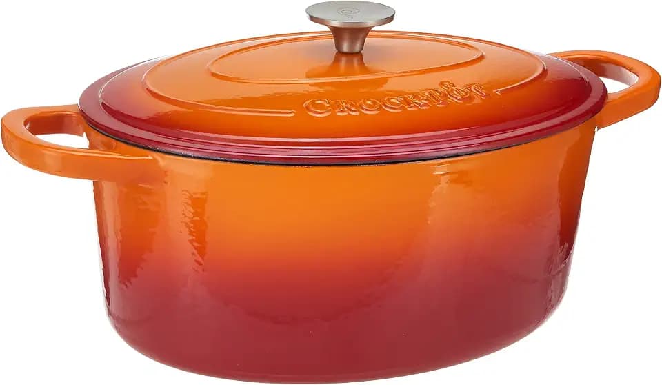 Crock Pot Artisan 7-Quart Oval Enameled Cast Iron Dutch Oven – Sunset Orange, Durable Heavy-Duty Cookware for Slow Cooking, Roasting, Baking with Lid