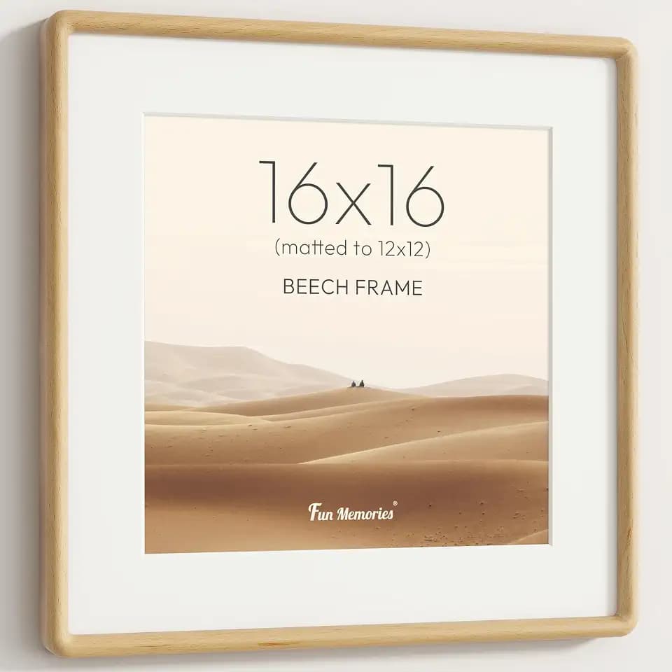 16x16 Picture Frame, Solid Beech Wood 16x16 Square Frame with HD Tempered Glass, USA-Sourced Hard Wood 16 by 16 Photo Frame for Wall Display, 16"x16" Picture Frame Matted to 12x12, Natural Beech Color