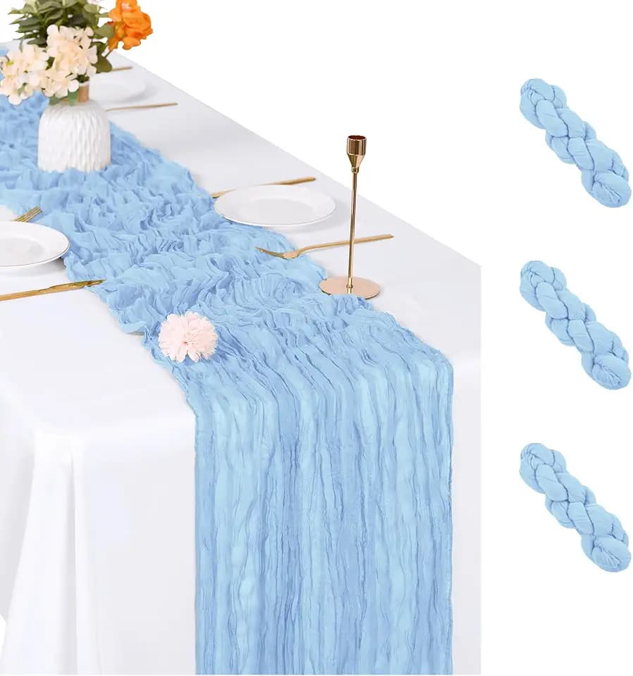 3 Pack Baby Blue Cheesecloth Table Runner, 17 x 108 inch, Semi Sheer Boho Cheese Cloth Fabric Table Runner Bulk for Wedding, Birthday, Party, Holiday, Home Decor (Baby Blue)