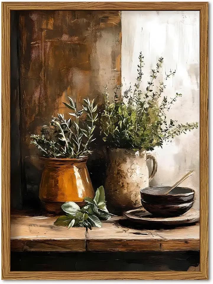 Framed Vintage Kitchen Wall Art, Rustic Herbs Pictures Wall Decor Paintings, Farmhouse Cottagecore Botanical Canvas Prints Moody Home Decor Aesthetic for Dining Room Living Room 16x24 inch