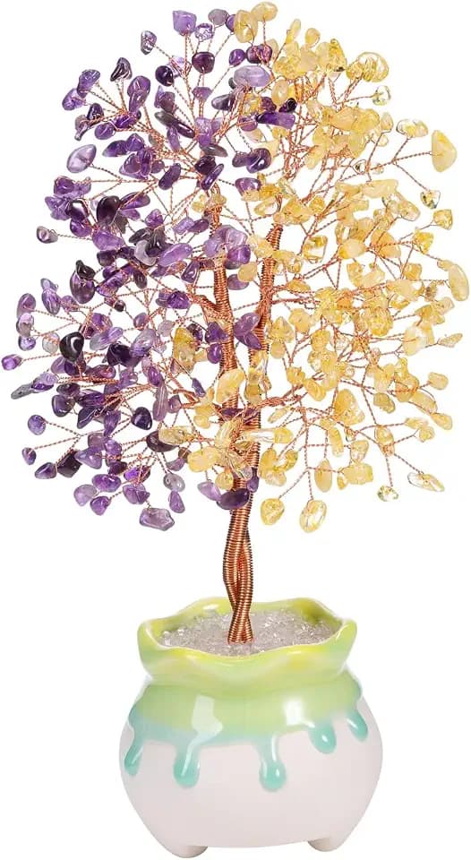 Top Plaza Healing Crystals Tree Handmade Natural Amethyst Citrine Gemstone Life Tree Bonsai Trees Good Luck Home Office Decor Energy