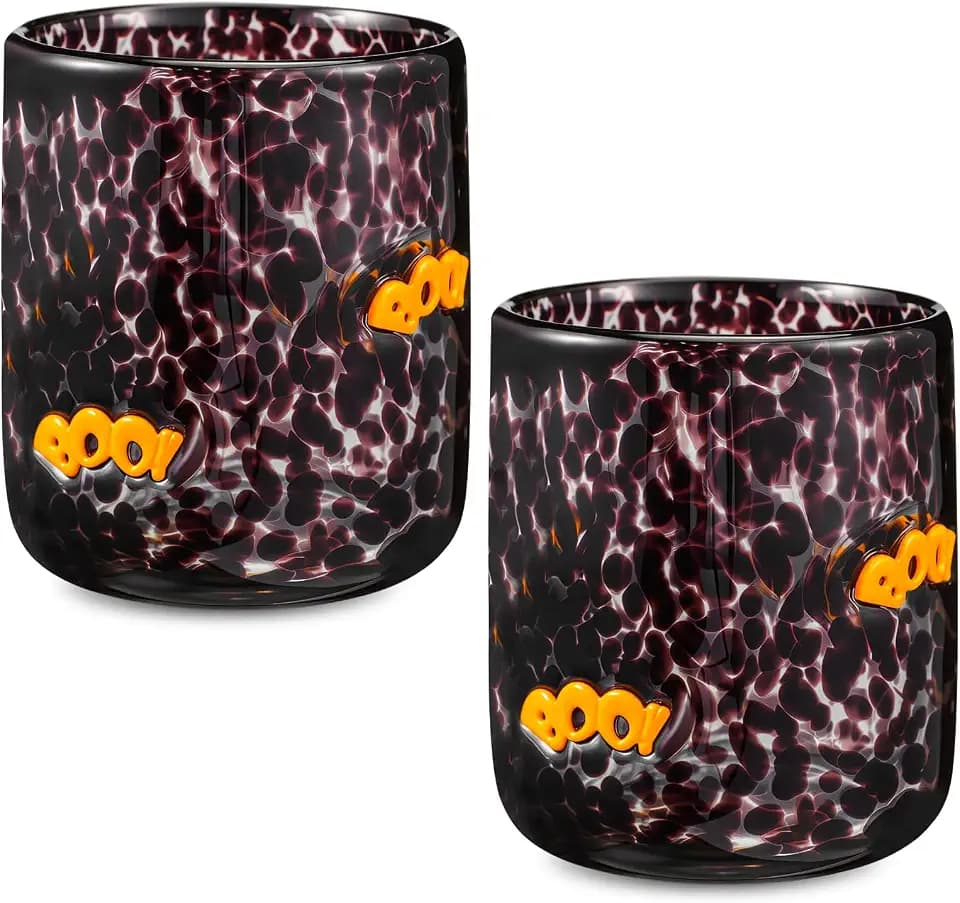 Roshtia 2 Pcs Halloween Icon Glass Cups - 14oz Orange Boo Icon Juice Glass Double Old Fashioned Hand Blown Drinking Cups for Halloween Home Party Supplies Gift