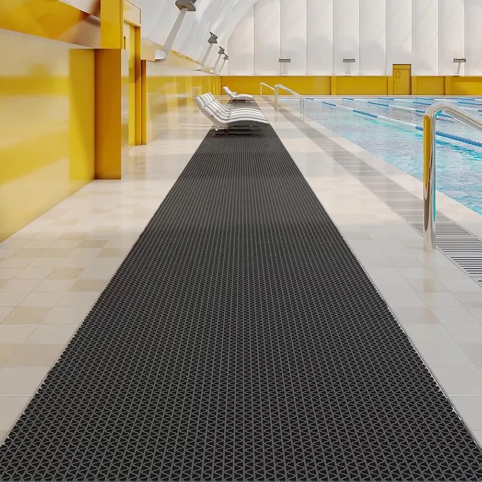 WLWLEO 3 x 35ft Poolside Non Slip Mat Walk Pool Mats for Floor Commercial Large PVC Flooring Mats with Drainage for Bathroom Garage Back Kitchen Pool Decorative Rugs,Black,0.9×11M/3×35ft
