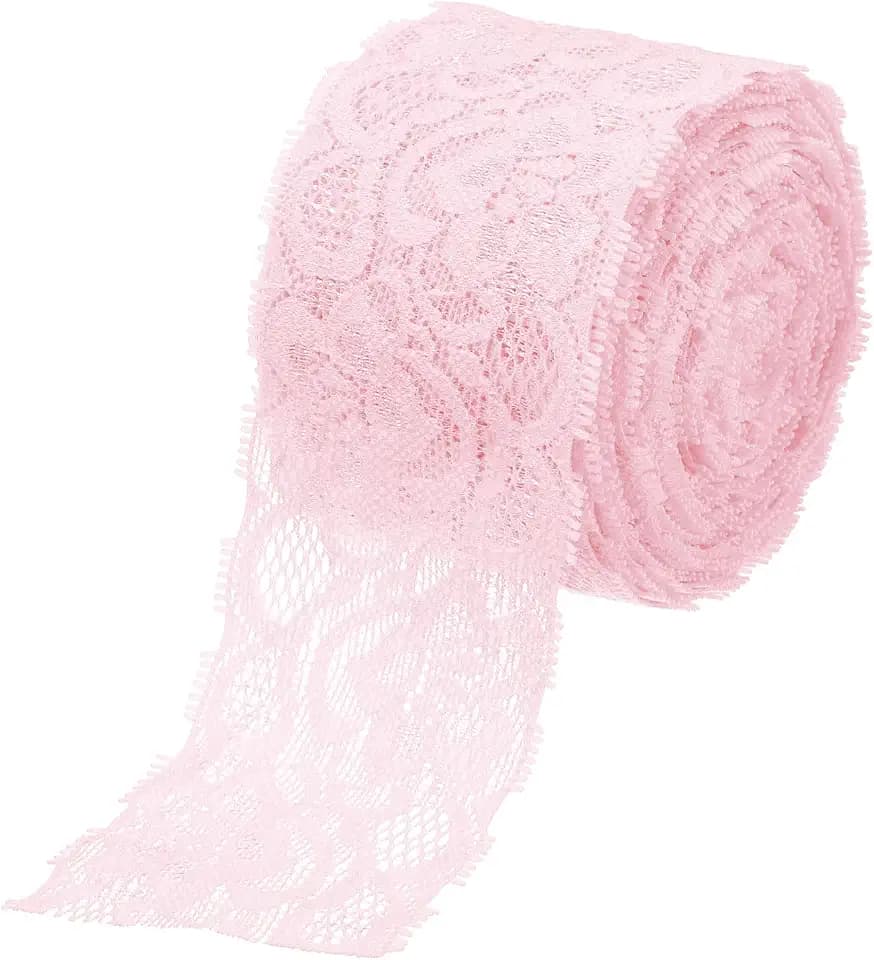 MECCANIXITY Lace Trim 10 Yards 2 Inch Flower Elastic Lace Ribbons for Craft Gift Package Decoration Wedding Headbands Pink