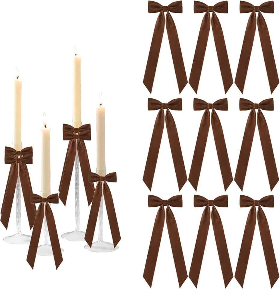 Meseey 12 Pcs Brown Candlestick Decoration Bows Candle Holder with 5X13.5 Inch Decorative Velvet Bows for Bridal Showers, Birthdays Centerpieces Table Decor