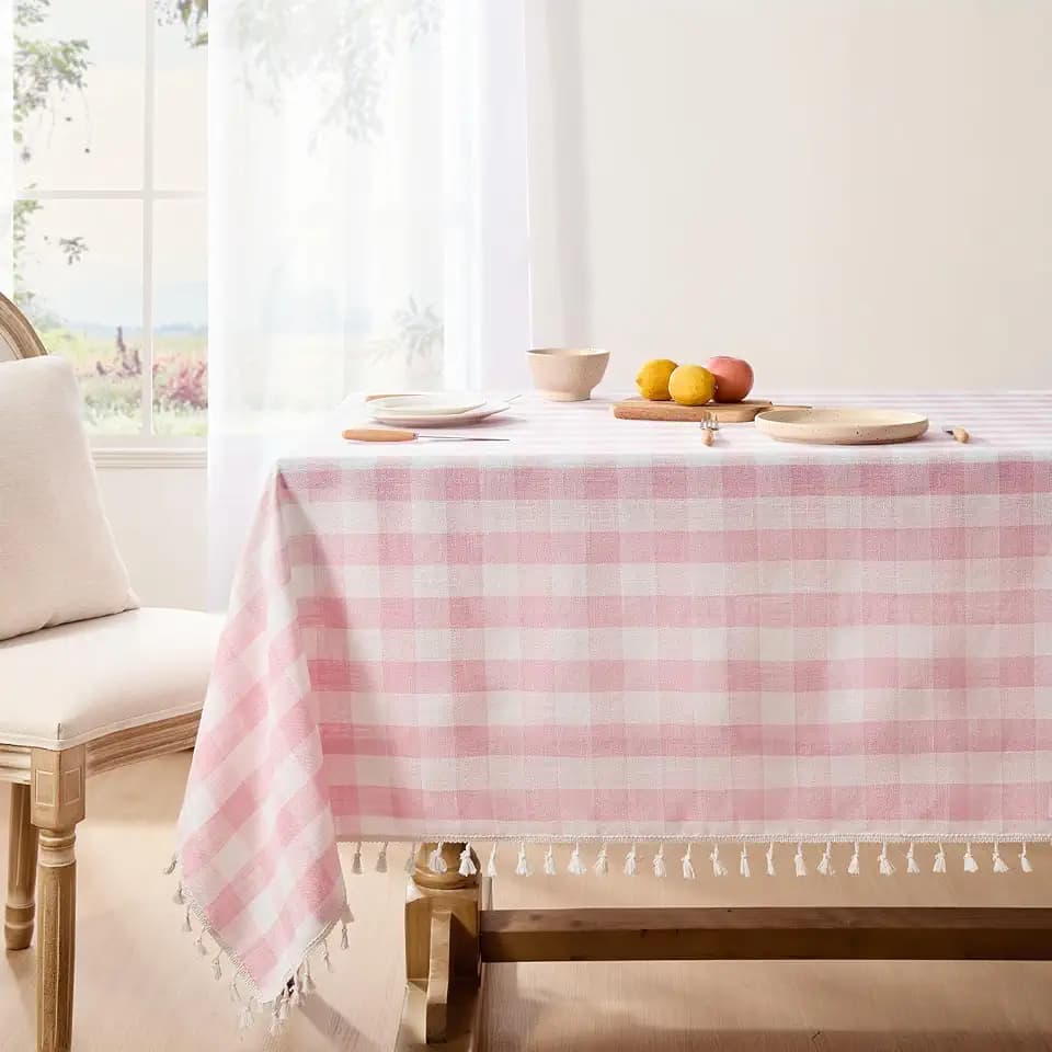 Softalker Gingham Square Tablecloth with Tassel, Pink, 55" x 55"