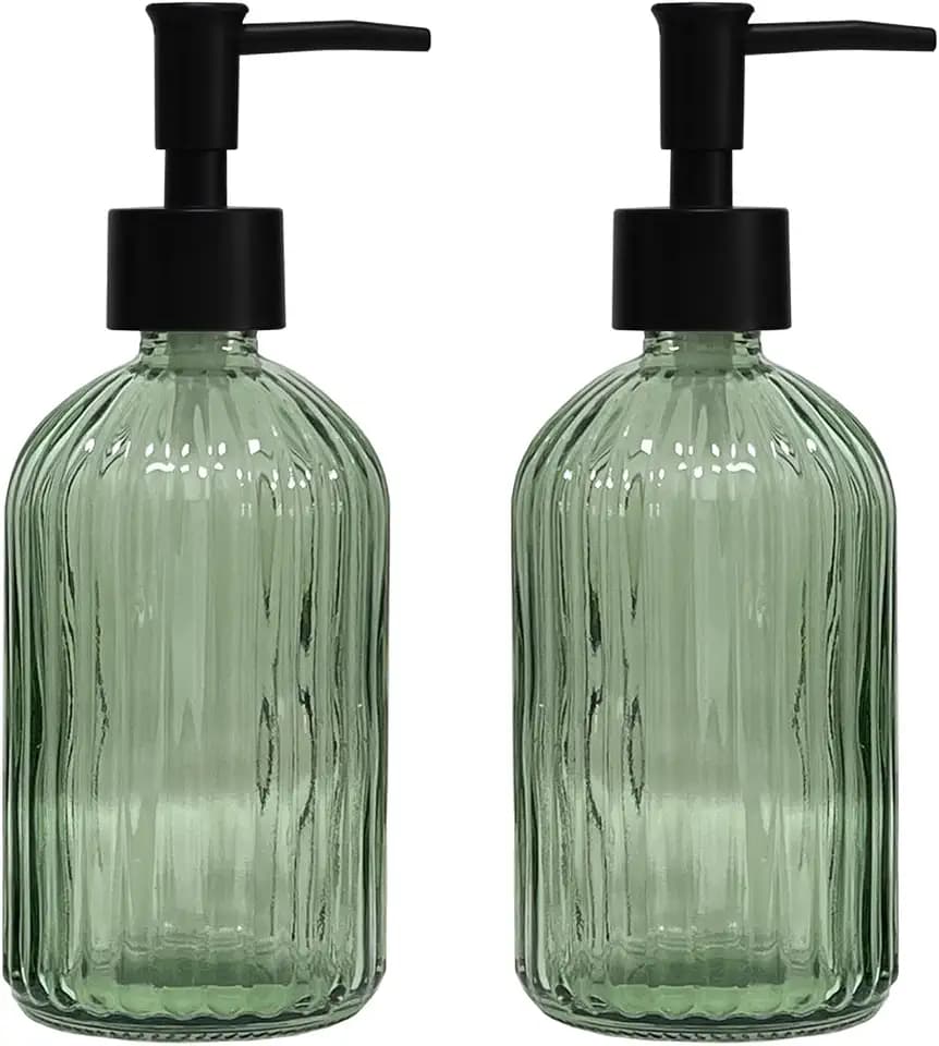 YYTSGG Green Glass Soap Dispenser Set with Black Pump, 13.5oz, 2 Pack