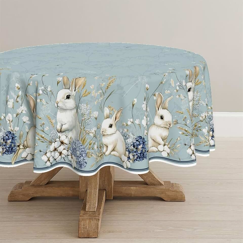 Horaldaily Easter Tablecloth 70 x 70 Inch Round Blue Easter Bunny Flowers