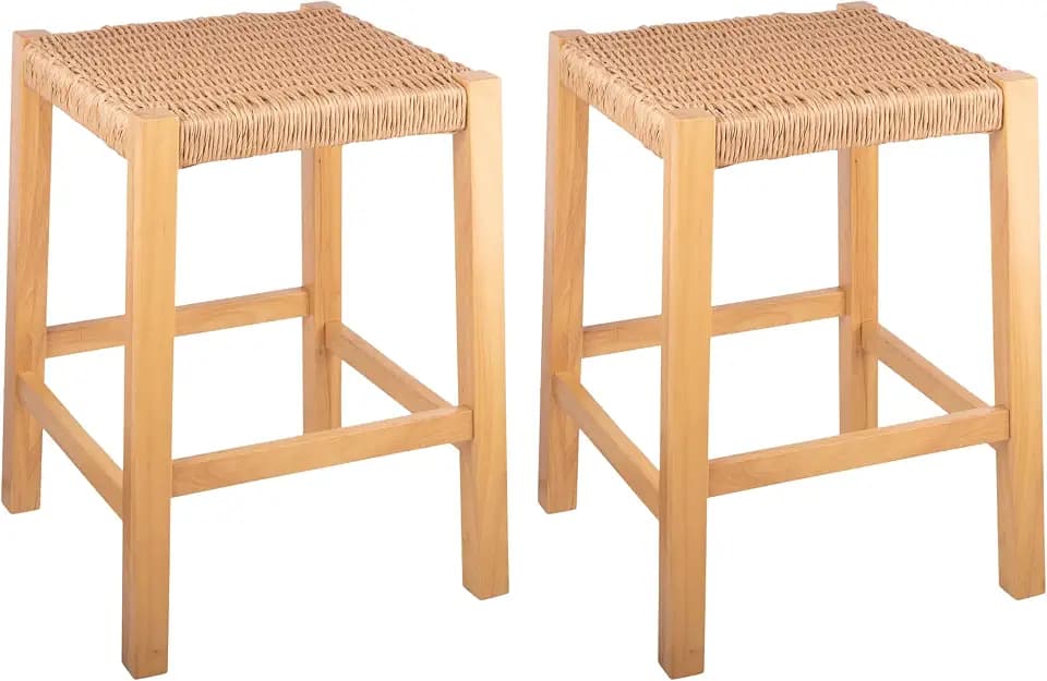 Alaterre Furniture Newport Bar Stool Set of 2-24 Inch Counter Height Bar Stools with Backless Handcrafted Woven Rope Seat - Wood Barstools for Kitchen and Dining Room Seating (Light)