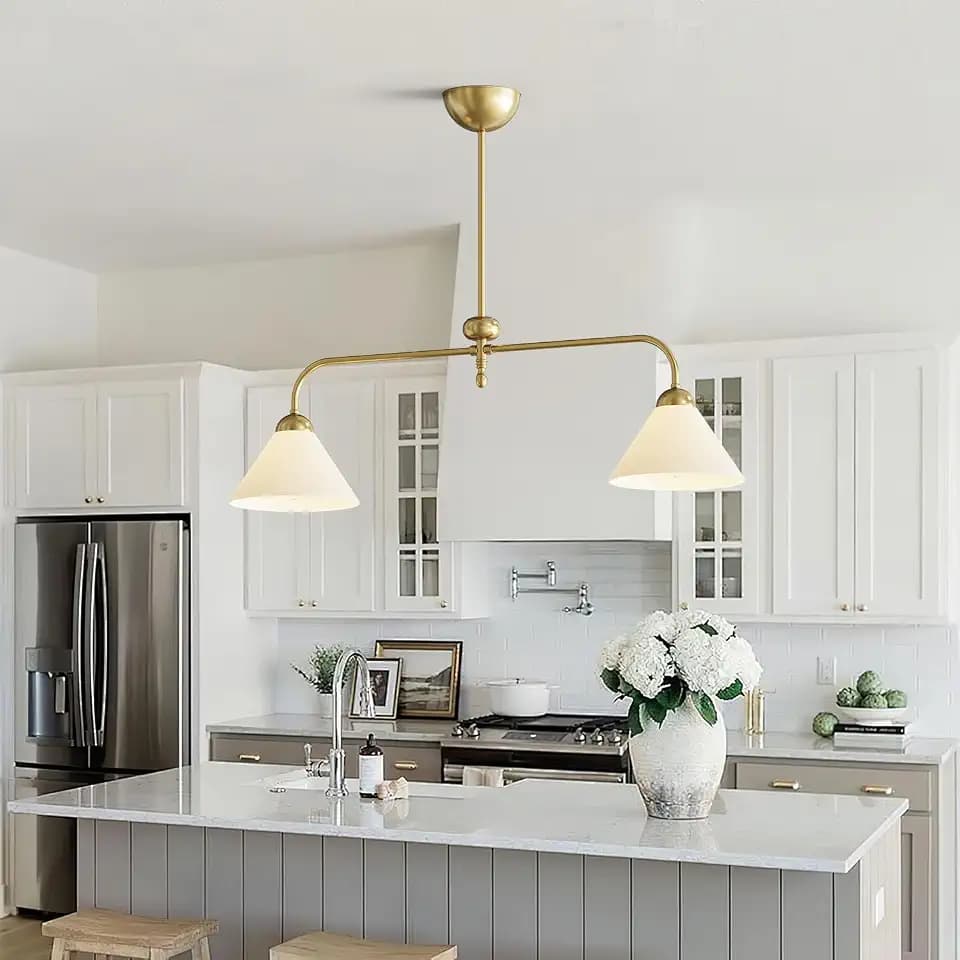 Linear Chandelier, Modern Chandelier for Dining Room Light Fixture, Dining Light Fixtures with Milk Glass Shade Pendant Lights Kitchen Island for Restaurant, Living Room (Gold, 2-Lights)