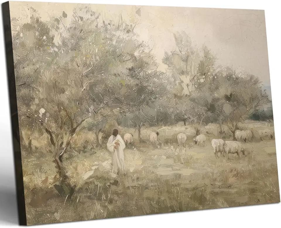 Framed The Good Shepherd Jesus Canvas Wall Art Vintage Jesus with Lamb Poster Print Inspired by Psalm 23 Spiritual Decor for Living Room Prayer Room 16x24 inch Ready to Hang