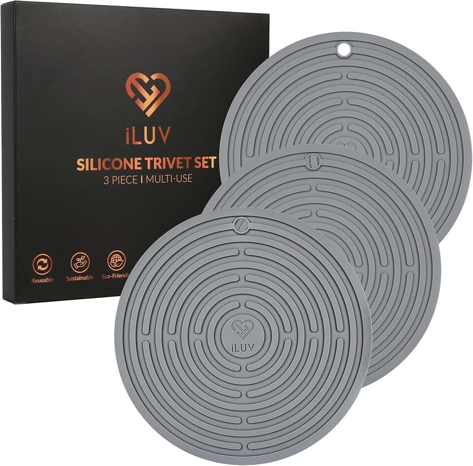 iLUV Silicone Trivets 8" - Extra Thick for Hot/Cold Pans, Pots, and Dishes Holders - Coffee Mats, Tea Pads, Utensil Spoon Rest - Heat Resistant Food Grade Cooking/Baking/Serving - Multi-Use 3pcs Gray