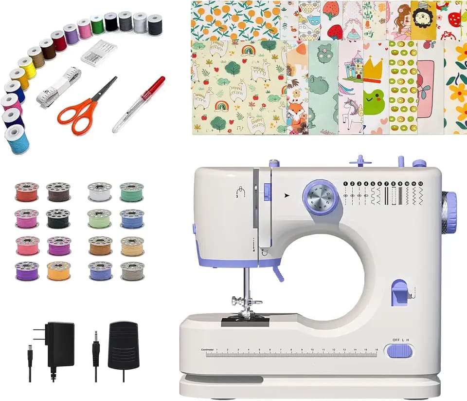 Stoigeld Portable Sewing Machine for Beginners with 20Pcs Fabric & 32Pcs Sewing Threads Kit,mini Sewing Machine with 12 Built-in Stitches & 2 Speed(High-Low Speeds)-SM-725