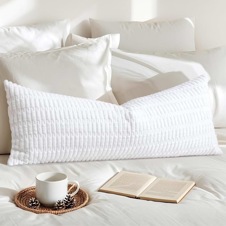 OTOSTAR Corduroy Decorative Lumbar Throw Pillow Cover 14x36 Inch Super Soft Boho Striped Rectangle Pillow Covers Case Modern Cushion Covers for Sofa Couch Bedroom Car Decor Pure White