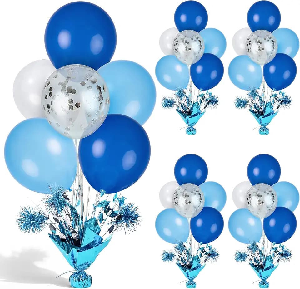 4 Set Blue White Balloon Centerpieces for Table Blue White Silver Balloon Stand Centerpiece Table Decorations for Birthday Baby Shower Graduation Anniversary Retirement Father's Day Party Decorations