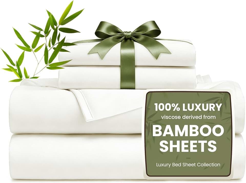 Love's cabin 4 Piece King Size Sheet Set, 100% Rayon Derived from Bamboo, Cooling & Breathable, Soft Silky Deep Pocket up to 16", Hotel Luxury Bedding for Hot Sleepers, White