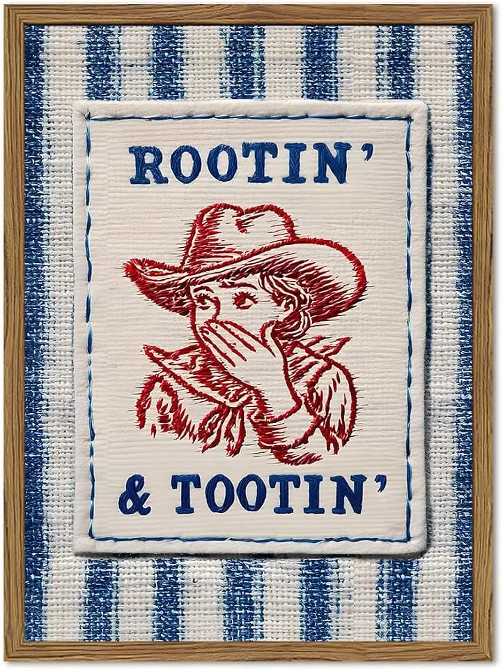 Funny Cowgirl Bathroom Wall Art Cute Western Cowboy Wall Decor Picture Vintage Rustic Rootin And Tootin Striped Restroom Poster Canvas Painting Print 12x16 inch Wood Framed