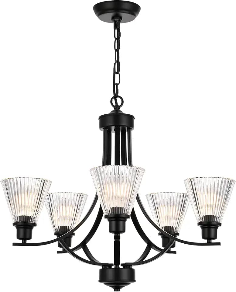 5 Light Dining Room Chandelier in Black Finish, Adjustable Farmhouse Chandelier with Frosted Glass Shades Classic Rustic Hanging Light for Kitchen Island,Foyer