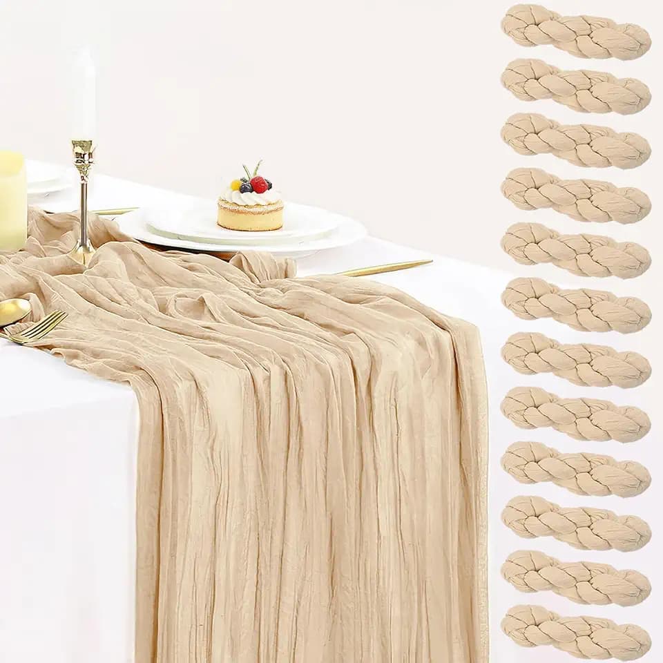 BLUETOP 12 Pack Champagne Cheesecloth Table Runner 35x120 Inches, Summer Cheese Cloth Table Runner 10FT Boho Sheer Gauze Runner for Bridal Shower Wedding Baby Shower Party Decor