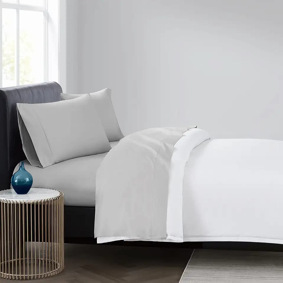 Vince Camuto 400TC Percale Light Grey Queen 4 Piece Sheet Set, Solid Themed, for Men and Women, Oeko-TEX Certified Confidence
