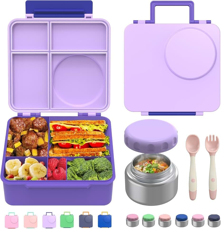 Bento Box for Kids - Leak-Proof Bento Lunch Box with Insulated Thermo Food Jar - 4 Compartments, 1 Removable Divider, 1 Spoon, 1 Fork - Dishwasher Safe, BPA-Free (Light purple)