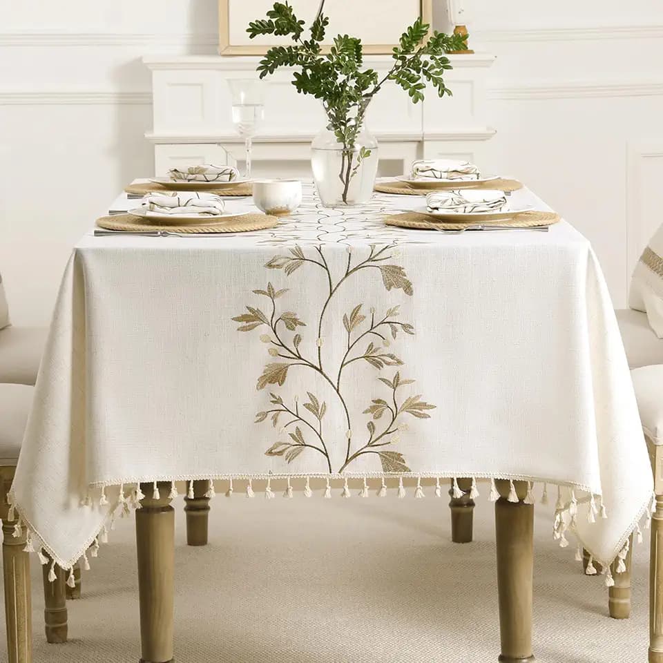 Cotton Linen Rectangle Tablecloth with Tassel for Dining Table, Burlap Heavy Duty Floral Farmhouse Coffee Kitchen Table Cloth Wrinkle Free Table Cover - Golden Flower, 55x79 Inch