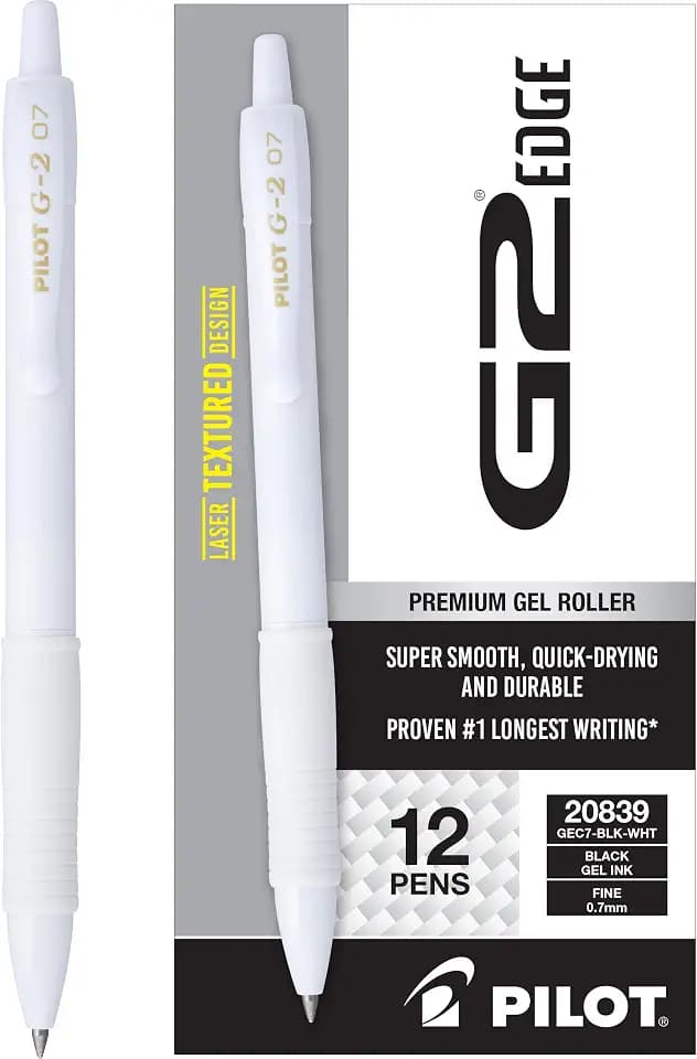 PILOT G2 Edge White Gel Roller Pens,Black Ink Fine Point 0.7mm, 12-Pack