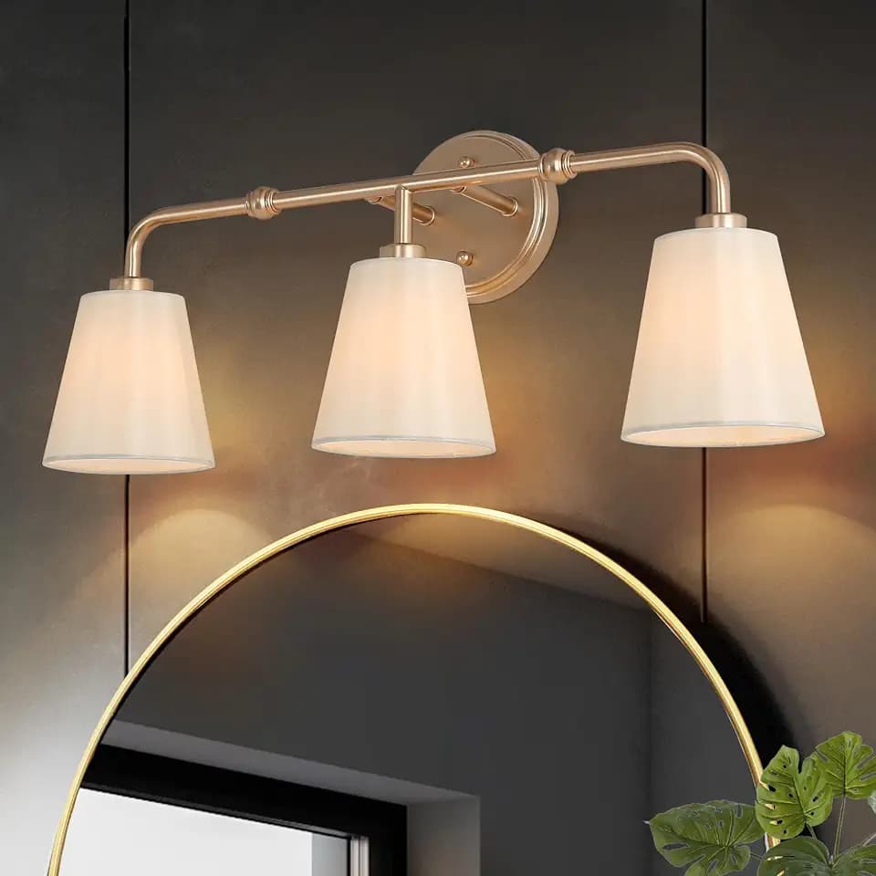 KSANA Bathroom Light Fixtures, 3-Light Gold Vanity Lights Over Mirror 23" Bathroom Lighting with White Fabric Shade Modern Vintage Wall Mounted Lamps for Kitchen Hallway