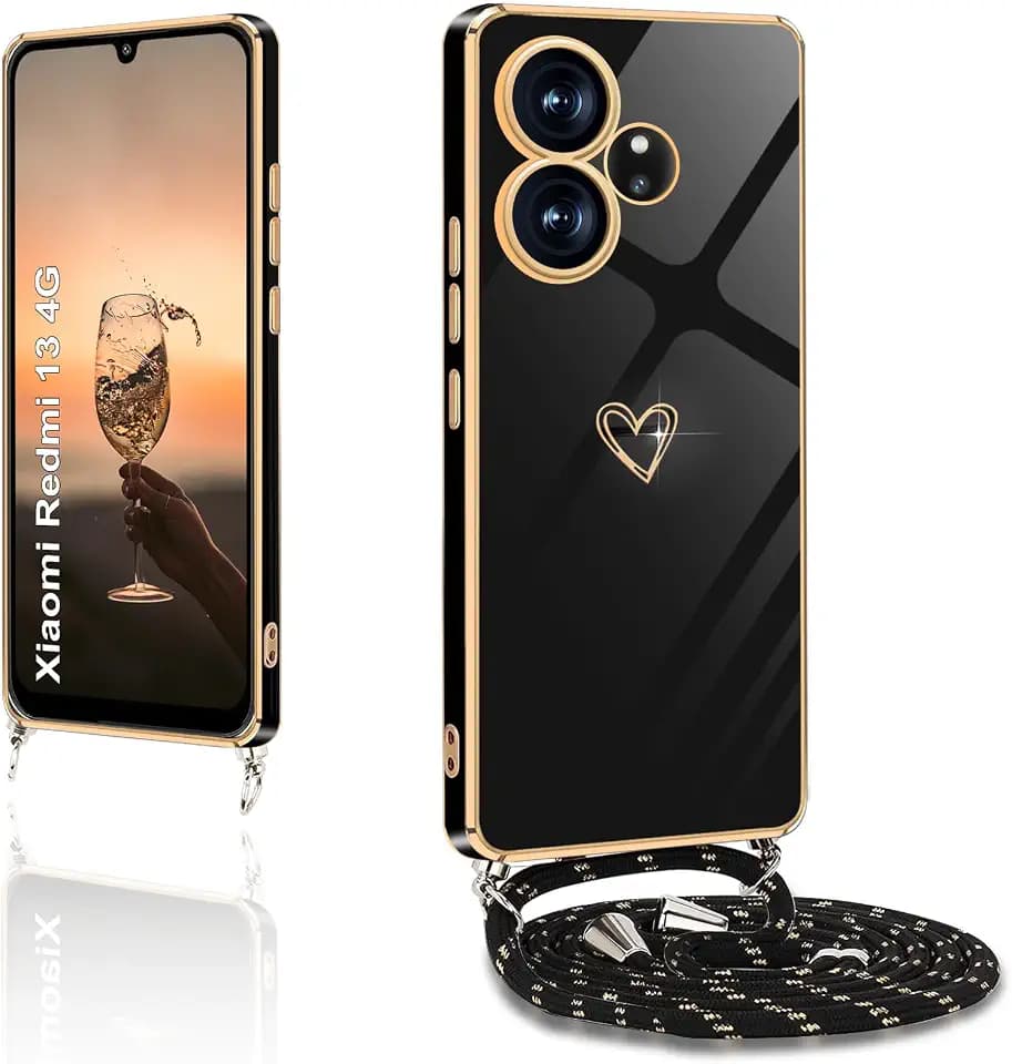 Handykette für Xiaomi Redmi 13 4G Hülle mit Band,Handyhülle für Redmi 13 4G mit Kette Love Design Galvanik Silikon Stoßfest Schutzhülle mit Kordel zum Umhängen Kameraschutz, Schwarz