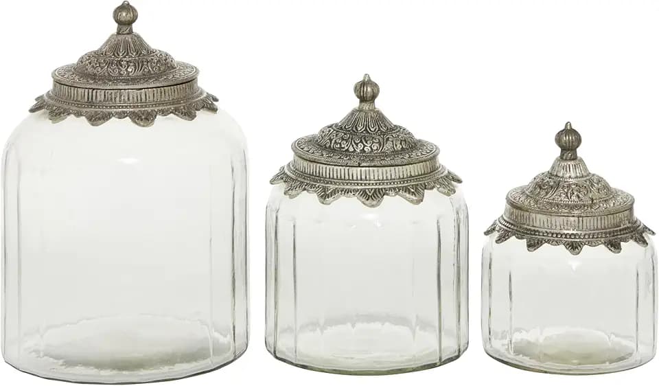Deco 79 Glass Living Room Decorative Jars Decorative Container with Engraved Silver Lids, Set of 3 Jar with Lid 6", 7", 9"H, Clear