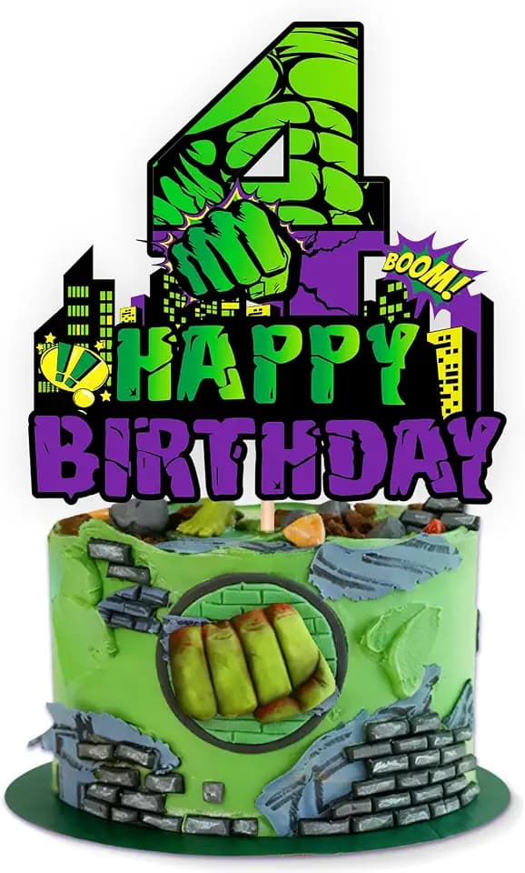 Green Hero 4th Birthday Cake Topper, Superhero Theme Happy Birthday Cake Decoration for Boys Girls Baby Shower Dessert (Green Hero-4th)