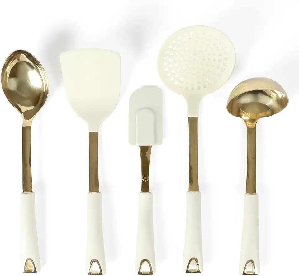 Martha Stewart Lockton 5-Piece Kitchen Tool Set – Stainless Steel & Nylon Cooking Utensils with Linen Handles and Gold Accents, Durable Heat-Resistant Kitchen Gadgets