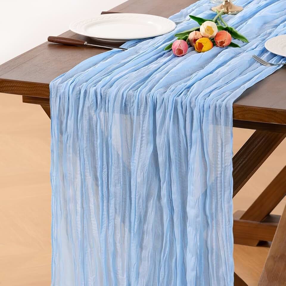 6 Pack Sky Blue Cheesecloth Table Runner Summer Wrinkled Runner