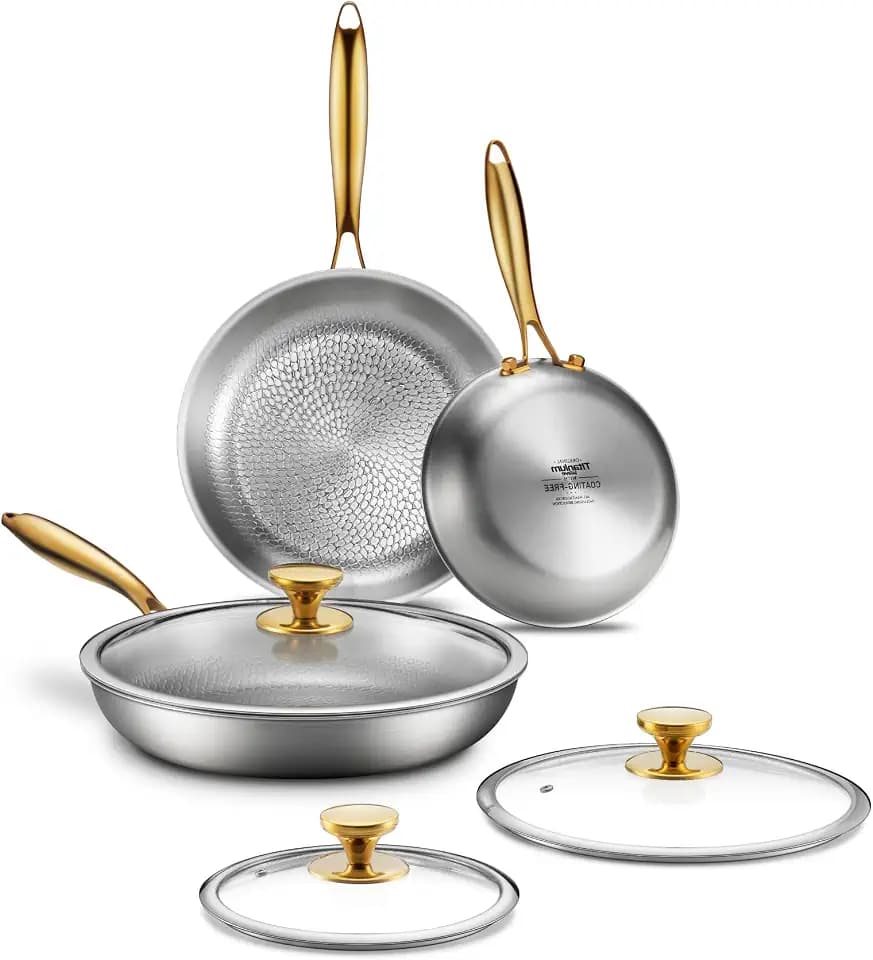Titanium Pans for Cooking | 8/10/12 Inch Pure Titanium Set with Lids | Hammered Chef-Grade Tagine Design | PFAS/PFOA/PTFE-Free | Induction & Oven-Safe, Dishwasher Safe