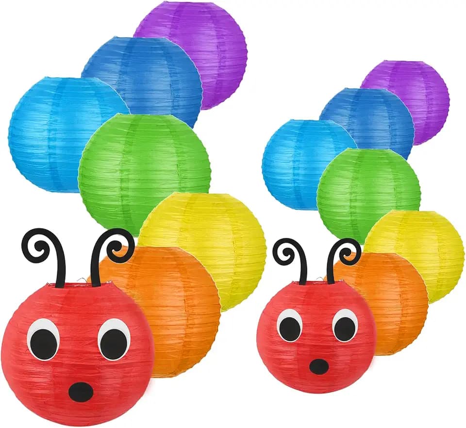 LYART 14 Pcs Hungry Caterpillar Paper Lanterns Decoration for School Classroom Birthday Party and Caterpillar Theme Party Ceiling Hanging Decor, with Eyes Mouth Feelers Glue Point (14Pcs Rainbow)