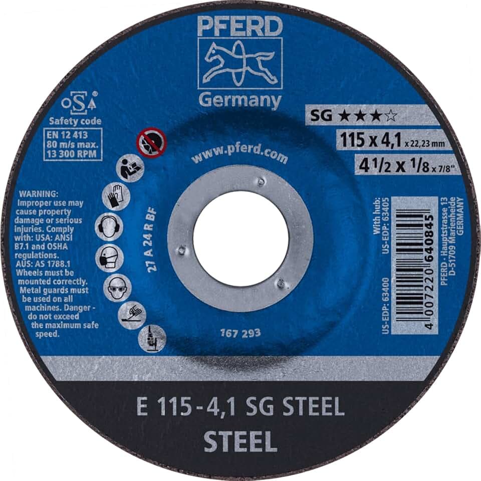 PFERD 4-1/2" Depressed Center SG Steel Grinding Wheel - Type 27, Aluminum Oxide, 24 Grit, 7/8" Arbor, 1/8" Thick, 13300 RPM (Pack of 10) - Part 63400