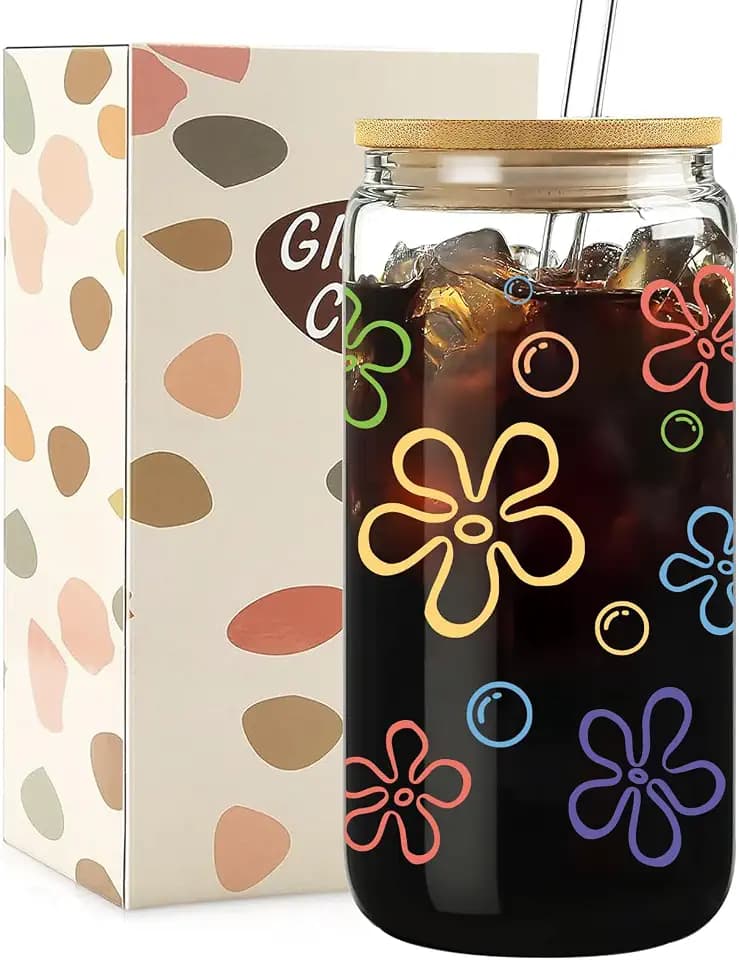 Mikopei Cute Glass Cups with Lids and Straws, Beach Gifts for Women Men