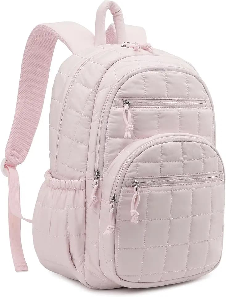 Bookbag for Women, Teen Girls Backpack for High School College Student, Puffer Quilted Back Pack Cute Laptop Backpack for Work Travel Mom Casual Daypack, Pink